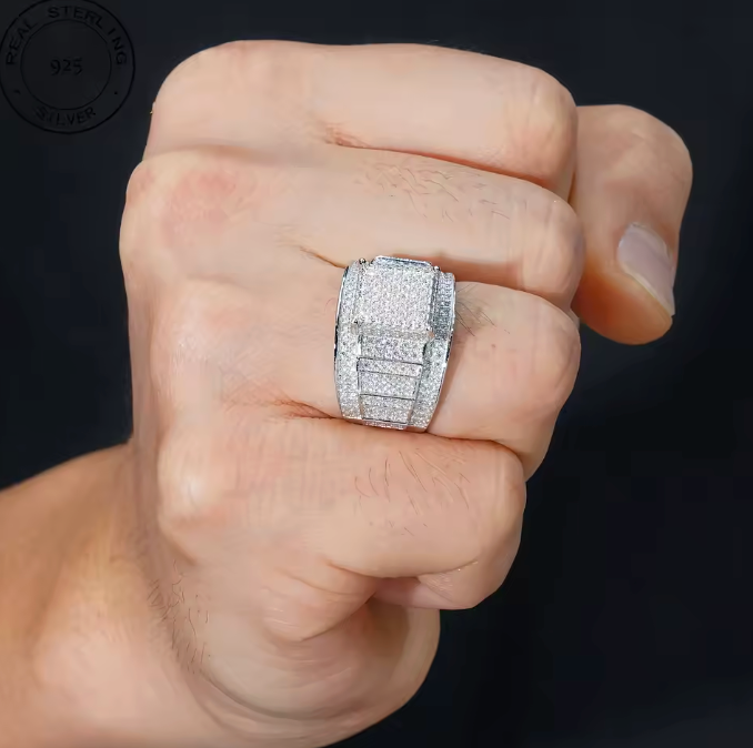 Classic Hip Hop Fire Jewelry Iced Out Zircon 925 Sterling Silver Rings For Men - DripVault