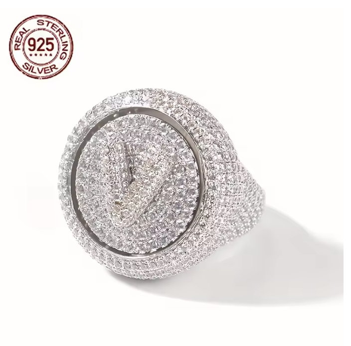 Luxury V Letters Fully Iced Out 925 Sterling Ring Hip Hop Style Icy Zircon Round - DripVault