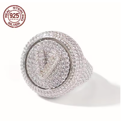 Luxury V Letters Fully Iced Out 925 Sterling Ring Hip Hop Style Icy Zircon Round - DripVault
