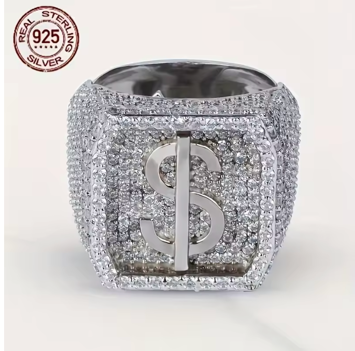 2026 New Men's Geometric Carving Dollar Symbol 925 Silver Rings Platinum Plated - DripVault