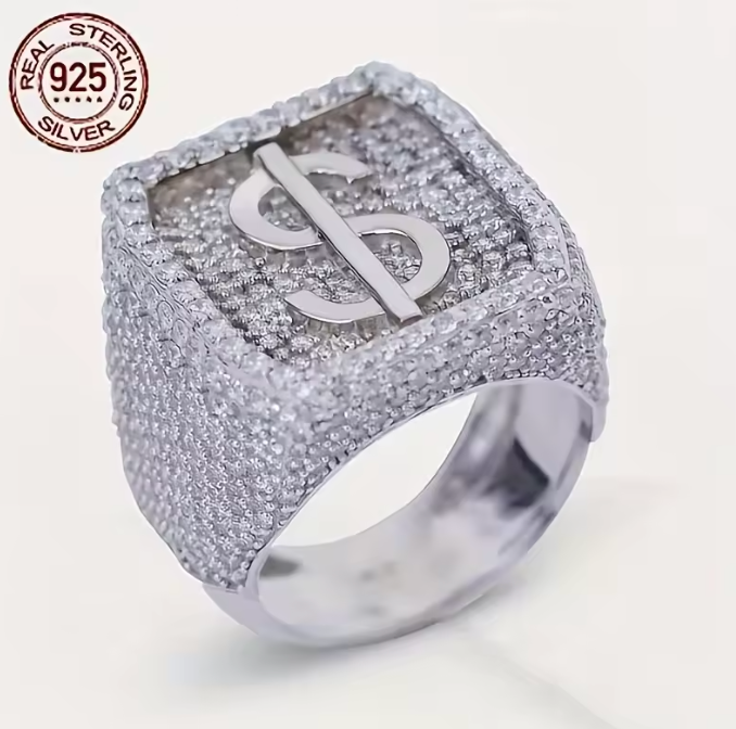 2026 New Men's Geometric Carving Dollar Symbol 925 Silver Rings Platinum Plated - DripVault