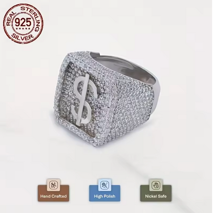 2026 New Men's Geometric Carving Dollar Symbol 925 Silver Rings Platinum Plated - DripVault