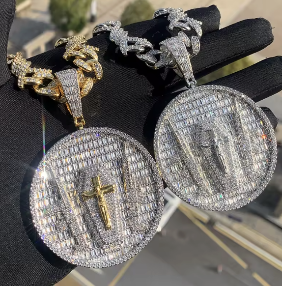 Hip Hop Bling Iced Out Gun Crucifix Jesus Round Pendants Necklace CZ 5A+ - DripVault