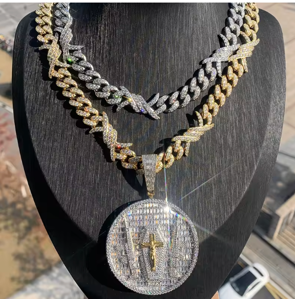 Hip Hop Bling Iced Out Gun Crucifix Jesus Round Pendants Necklace CZ 5A+ - DripVault