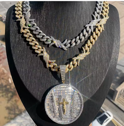 Hip Hop Bling Iced Out Gun Crucifix Jesus Round Pendants Necklace CZ 5A+ - DripVault