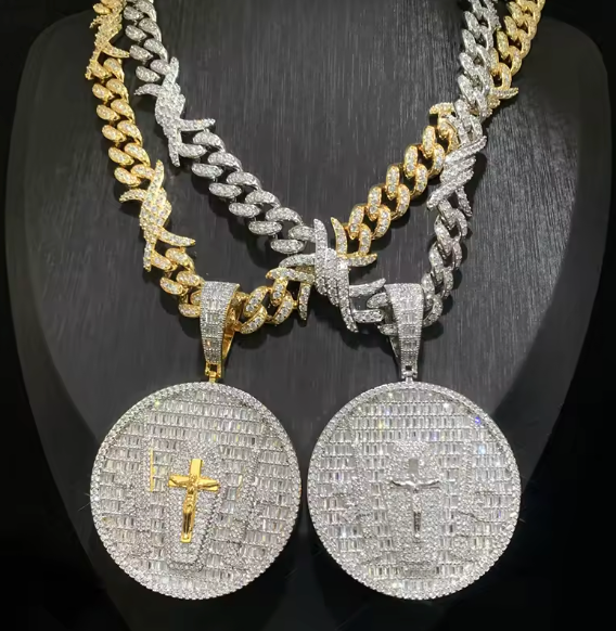 Hip Hop Bling Iced Out Gun Crucifix Jesus Round Pendants Necklace CZ 5A+ - DripVault