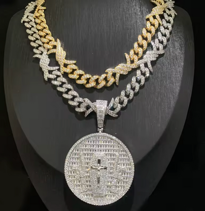Hip Hop Bling Iced Out Gun Crucifix Jesus Round Pendants Necklace CZ 5A+ - DripVault