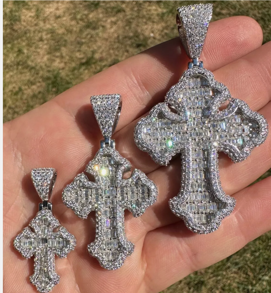 Iced Out Bling Big Cross Pendant Necklace Silver Color Prong Setting CZ - DripVault