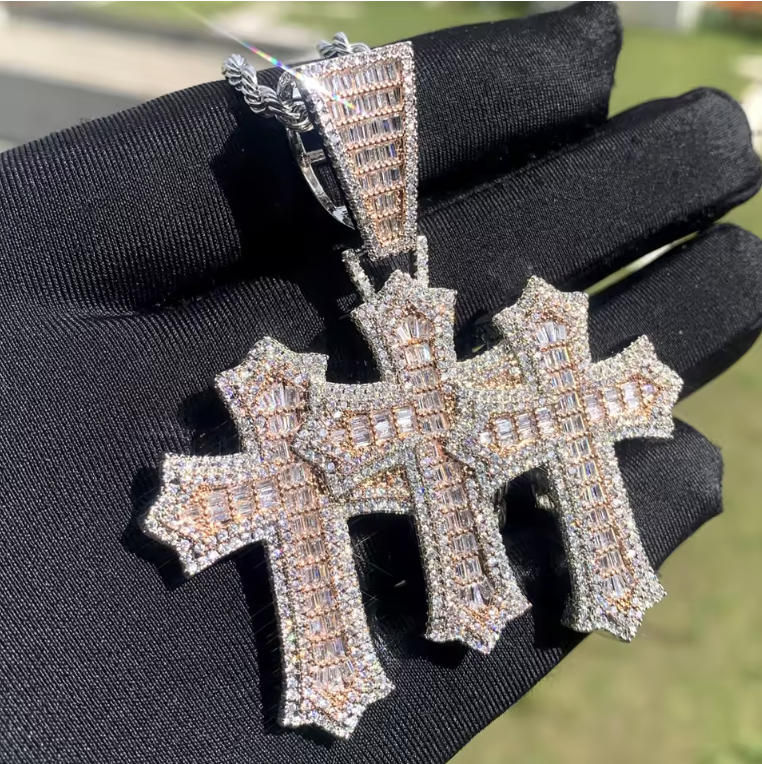 Iced Out Bling Big Cross Pendant Necklace Silver Color Prong Setting CZ - DripVault