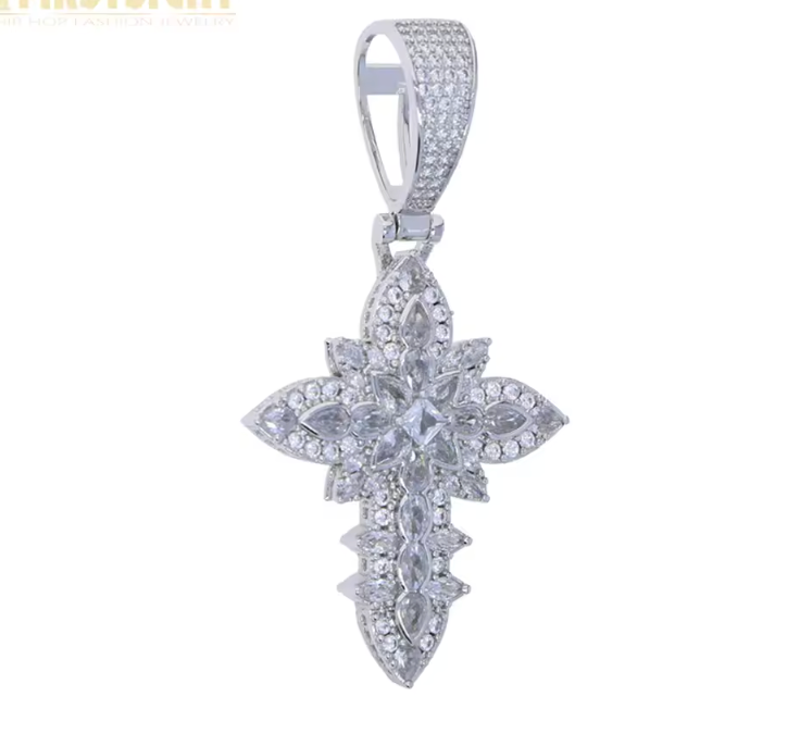 Iced Out Bling Big Cross Pendant Necklace Silver Color Prong Setting CZ - DripVault