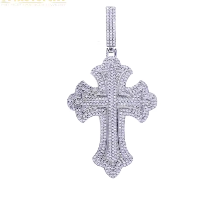 Iced Out Bling Big Cross Pendant Necklace Silver Color Prong Setting CZ - DripVault