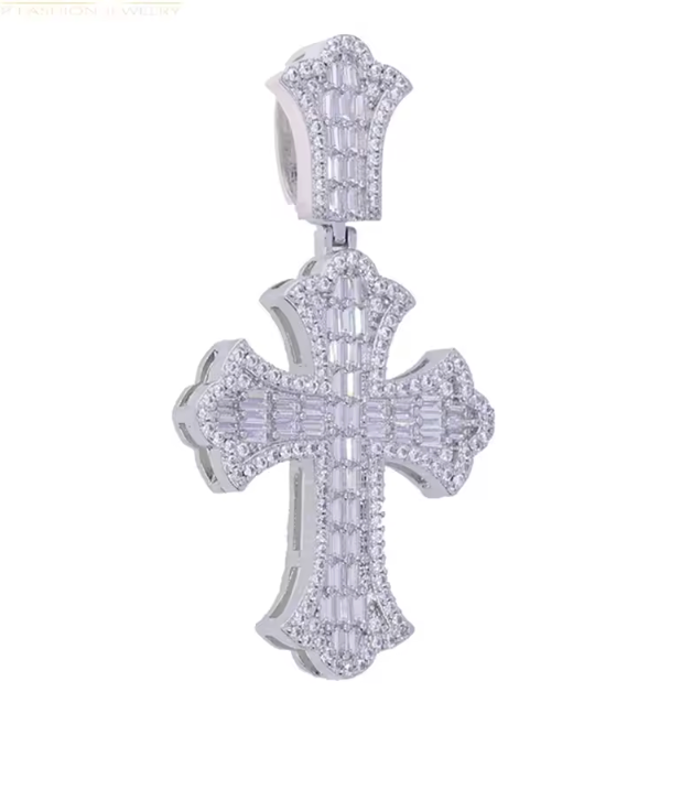 Iced Out Bling Big Cross Pendant Necklace Silver Color Prong Setting CZ - DripVault