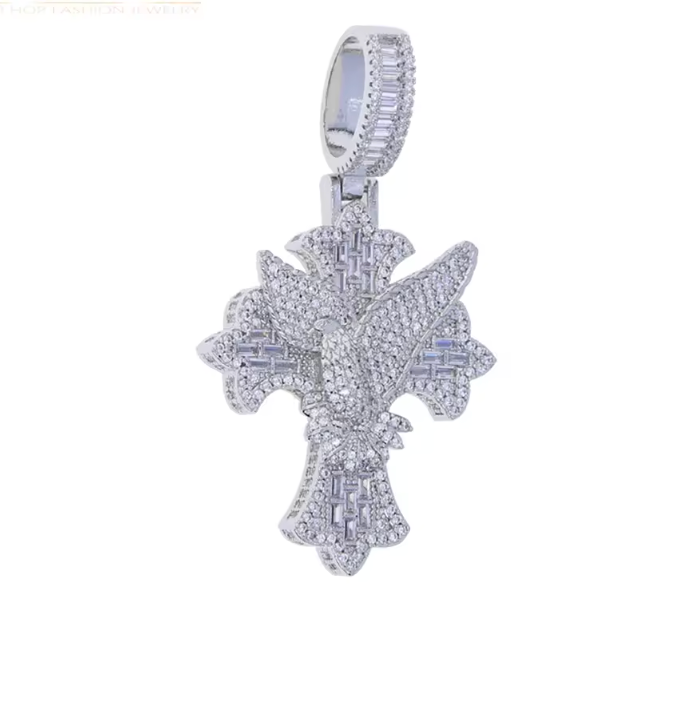 Iced Out Bling Big Cross Pendant Necklace Silver Color Prong Setting CZ - DripVault