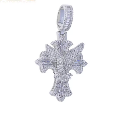 Iced Out Bling Big Cross Pendant Necklace Silver Color Prong Setting CZ - DripVault