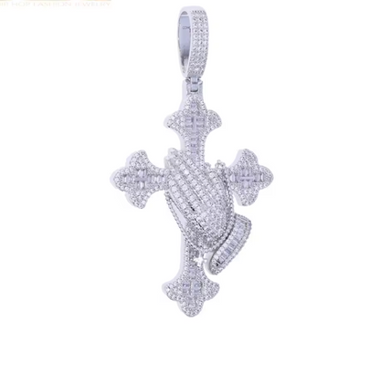Iced Out Bling Big Cross Pendant Necklace Silver Color Prong Setting CZ - DripVault