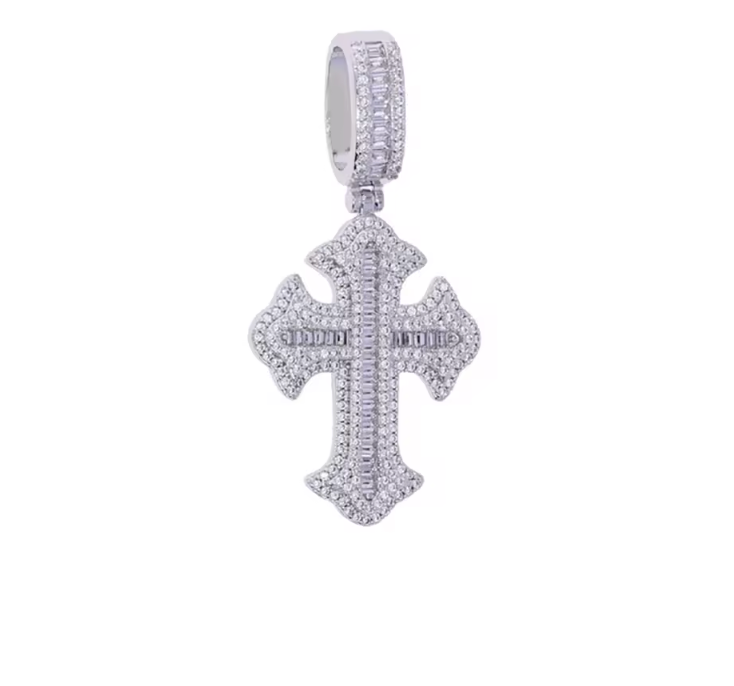 Iced Out Bling Big Cross Pendant Necklace Silver Color Prong Setting CZ - DripVault