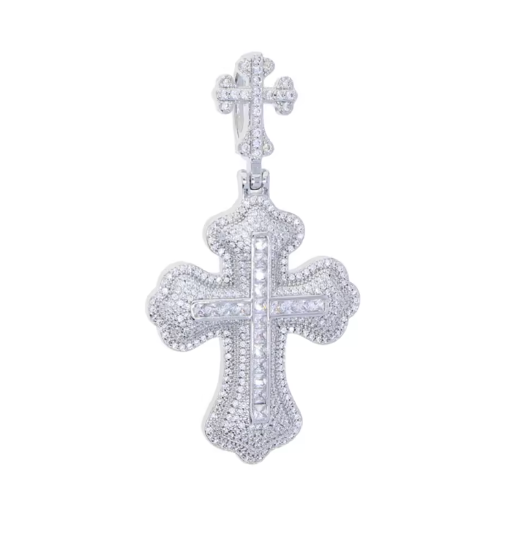 Iced Out Bling Big Cross Pendant Necklace Silver Color Prong Setting CZ - DripVault