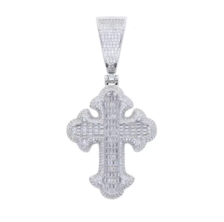Iced Out Bling Big Cross Pendant Necklace Silver Color Prong Setting CZ - DripVault
