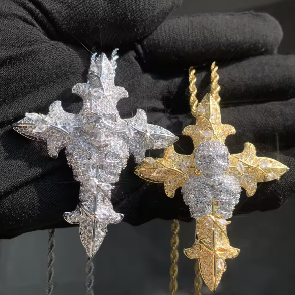 Skull Cross Hip Hop Pendant Necklace Gold Silver Color Chain CZ Rapper Jewelry - DripVault