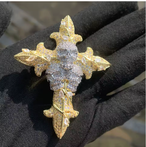Skull Cross Hip Hop Pendant Necklace Gold Silver Color Chain CZ Rapper Jewelry - DripVault