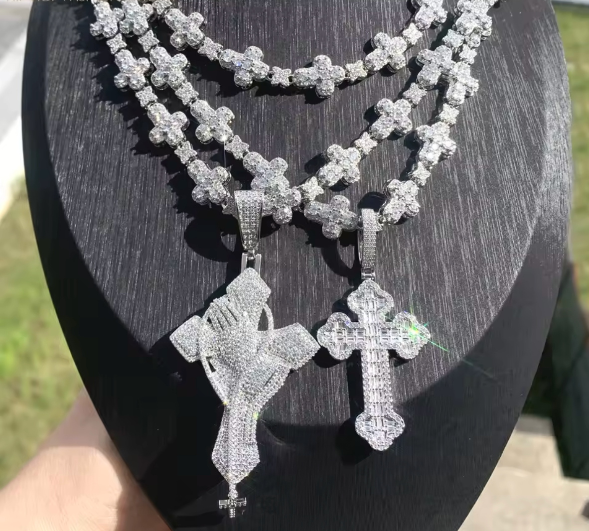 2026 New Iced Out Cross Pendant Necklace Star Link Chain Praying Hands CZ - DripVault
