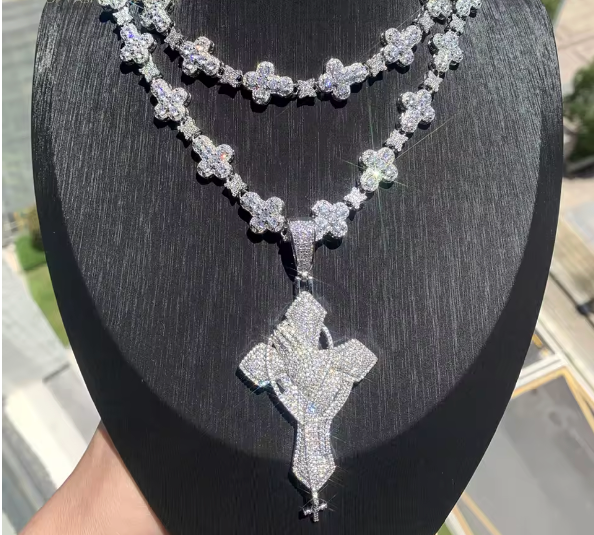 2026 New Iced Out Cross Pendant Necklace Star Link Chain Praying Hands CZ - DripVault