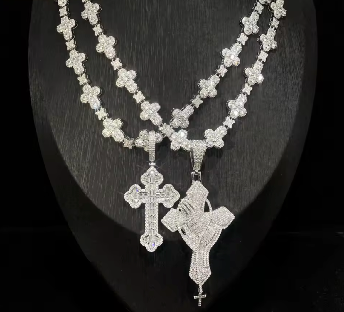 2026 New Iced Out Cross Pendant Necklace Star Link Chain Praying Hands CZ - DripVault