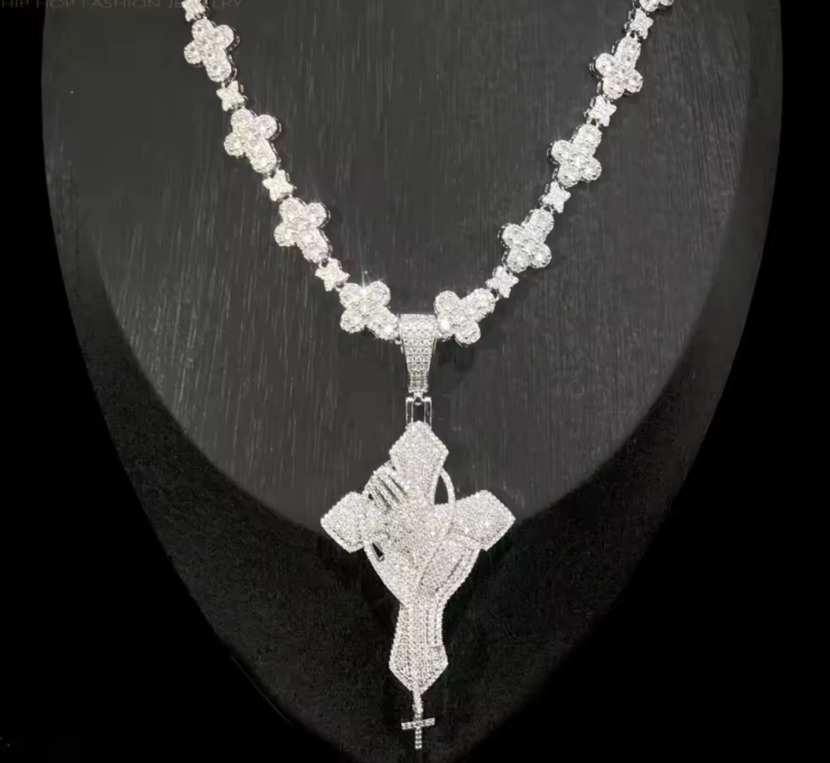 2026 New Iced Out Cross Pendant Necklace Star Link Chain Praying Hands CZ - DripVault