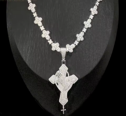 2026 New Iced Out Cross Pendant Necklace Star Link Chain Praying Hands CZ - DripVault