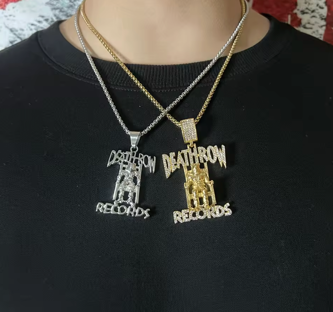 Hip Hop DEATHROW RECORDS Prisoner Necklace Rhinestones Pendant with Rope Chain - DripVault