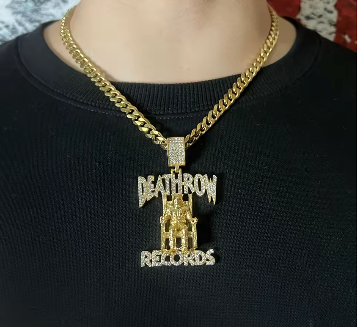 Hip Hop DEATHROW RECORDS Prisoner Necklace Rhinestones Pendant with Rope Chain - DripVault