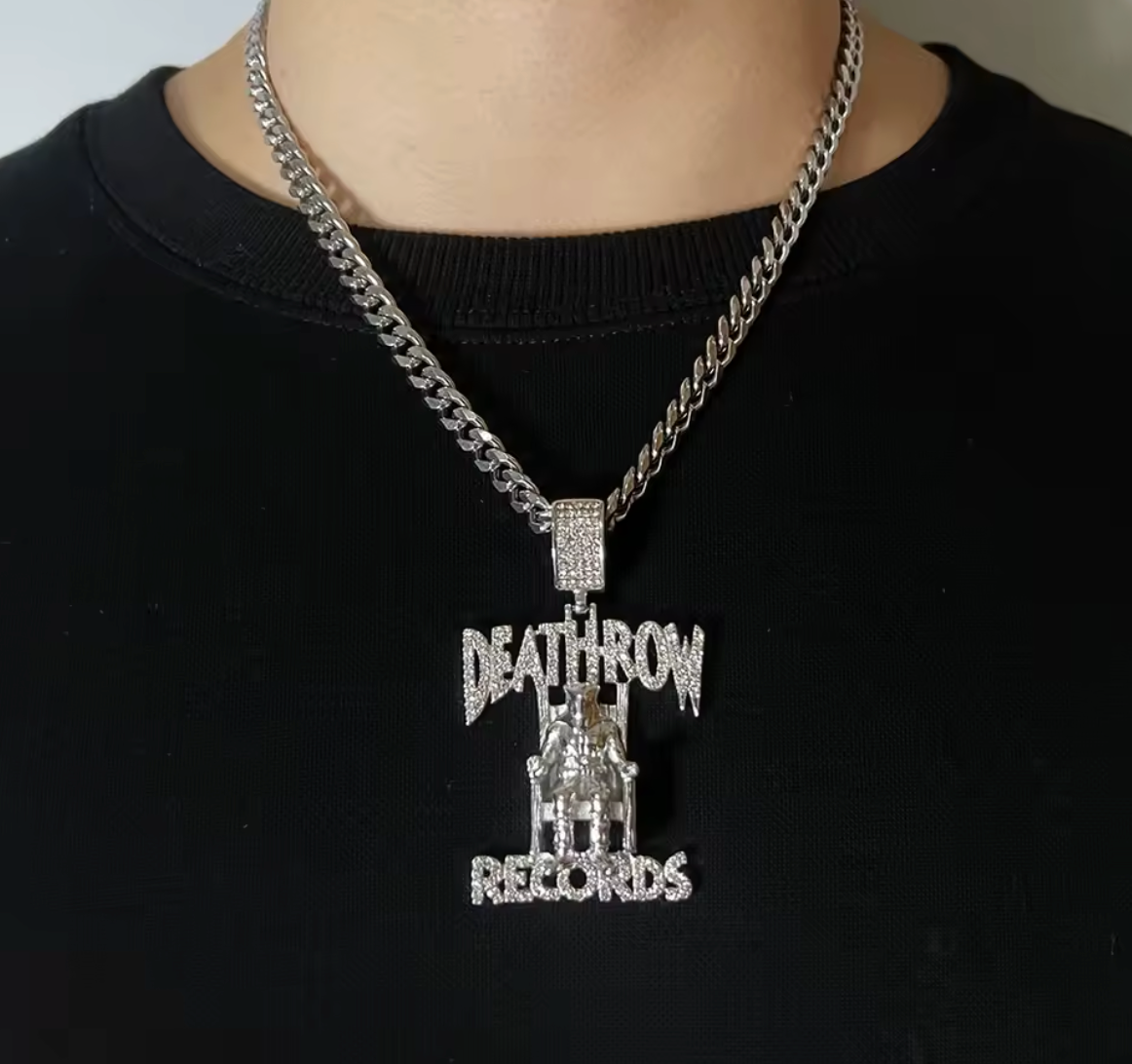 Hip Hop DEATHROW RECORDS Prisoner Necklace Rhinestones Pendant with Rope Chain - DripVault
