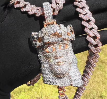 Iced Out Religious Jesus Head Pendant Necklaces Rose Gold Color CZ - DripVault