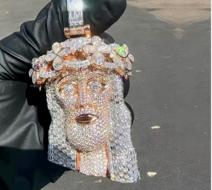 Iced Out Religious Jesus Head Pendant Necklaces Rose Gold Color CZ - DripVault