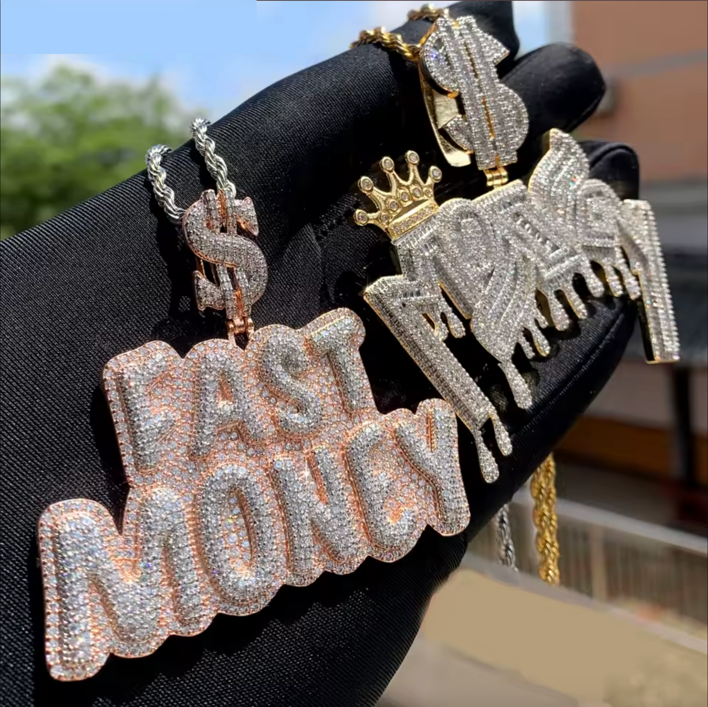 New Iced Out Bling Crown Letters Money Pendant Necklace Two Tone Color CZ Zircon Dollar Symbol Necklaces Men's Hip Hop Jewelry - DripVault