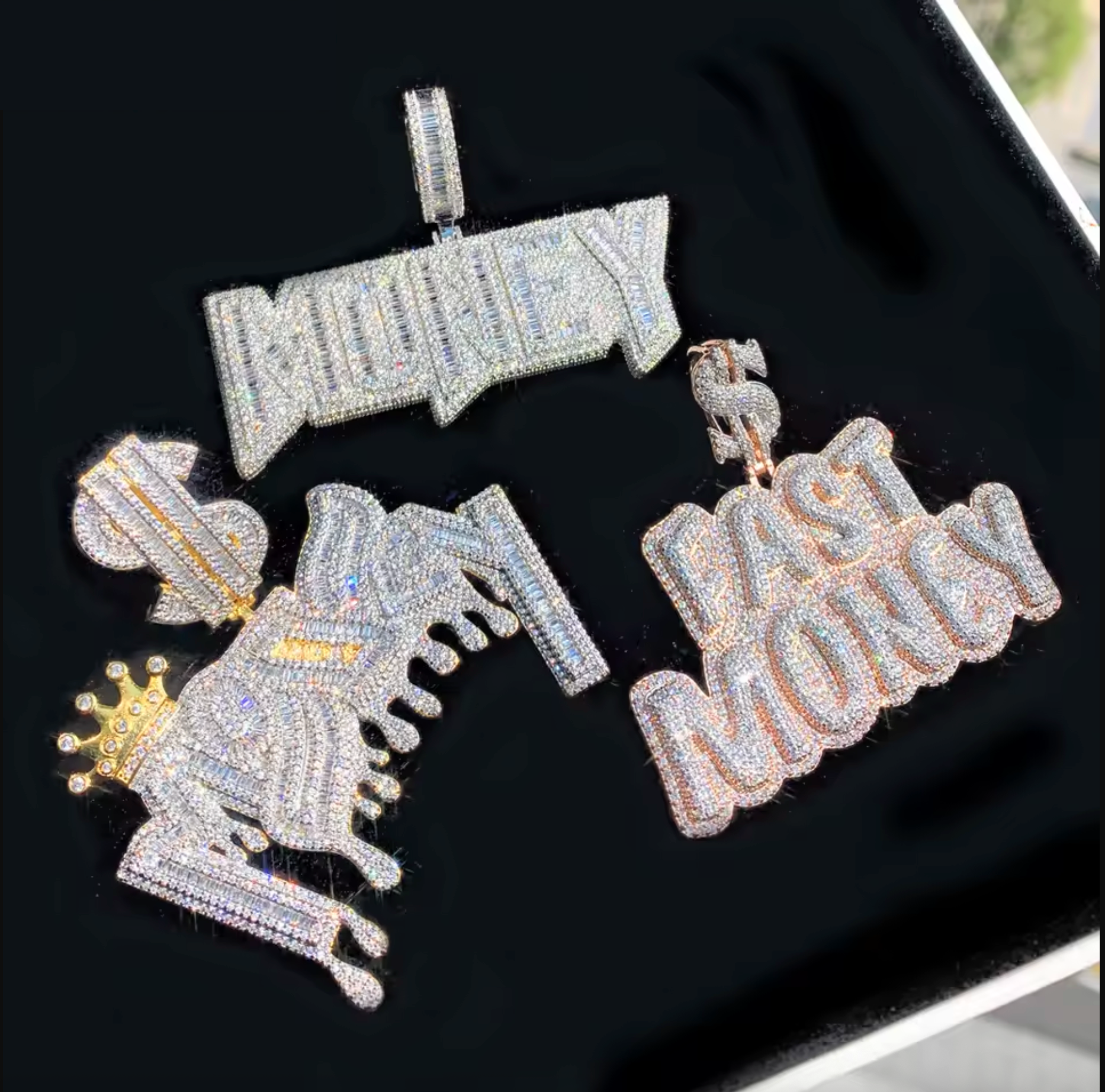 New Iced Out Bling Crown Letters Money Pendant Necklace Two Tone Color CZ Zircon Dollar Symbol Necklaces Men's Hip Hop Jewelry - DripVault