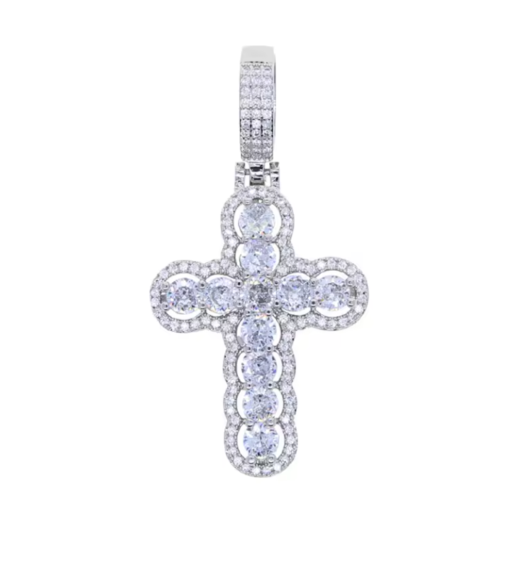 Iced Out Bling Big Cross Pendant Necklace Silver Color Prong Setting CZ - DripVault