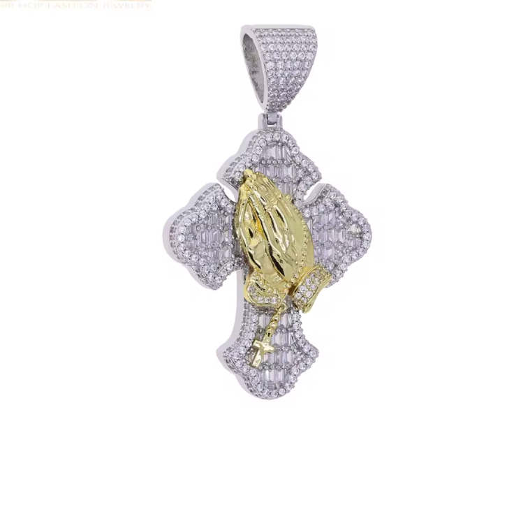 Iced Out Bling Big Cross Pendant Necklace Silver Color Prong Setting CZ - DripVault