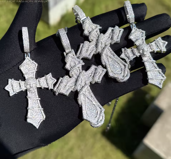 Iced Out Bling Big Cross Pendant Necklace Silver Color Prong Setting CZ - DripVault