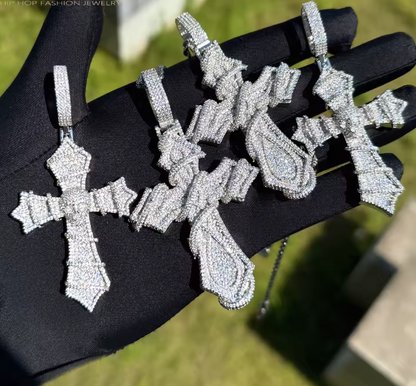 Iced Out Bling Big Cross Pendant Necklace Silver Color Prong Setting CZ - DripVault