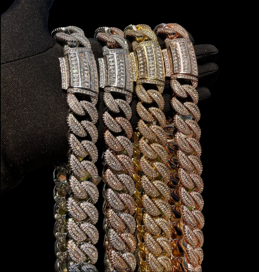 Bubble Letter Baguette Cuban Link Chain for Men Iced Out Prong Setting Necklace Choker Real Gold Plated Hip Hop Jewelry - DripVault