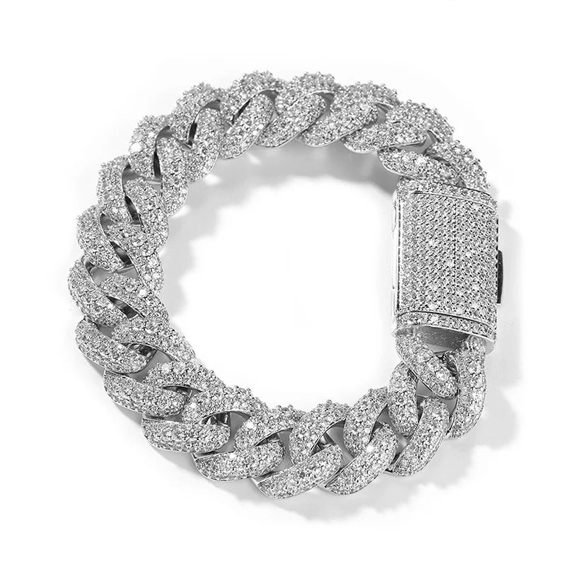 Hip Hop 5A+ CZ Stone Paved Bling Iced Out 18mm Solid Round Cuban Miami Link Chain Bracelets Necklaces for Men Rapper Jewelry - DripVault