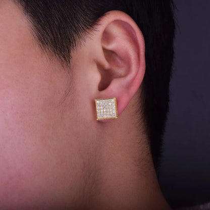 Micro Pave CZ Earring Gold Color Hip hop Jewelry Copper Iced AAA CZ Square Stud Earrings Push-back 12x12mm Street Rock - DripVault