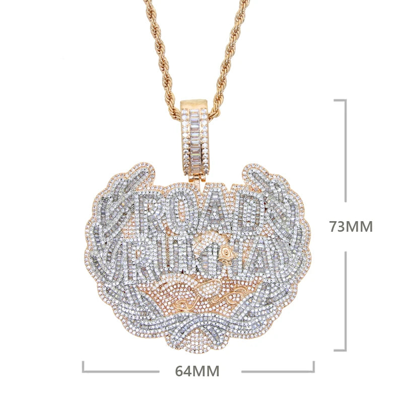 New Iced Out Bling CZ Letter Road Runna Pendant Necklace Cubic Zirconia Two Tone Color Badge Charm Men Fashion Hip Hop Jewelry - DripVault