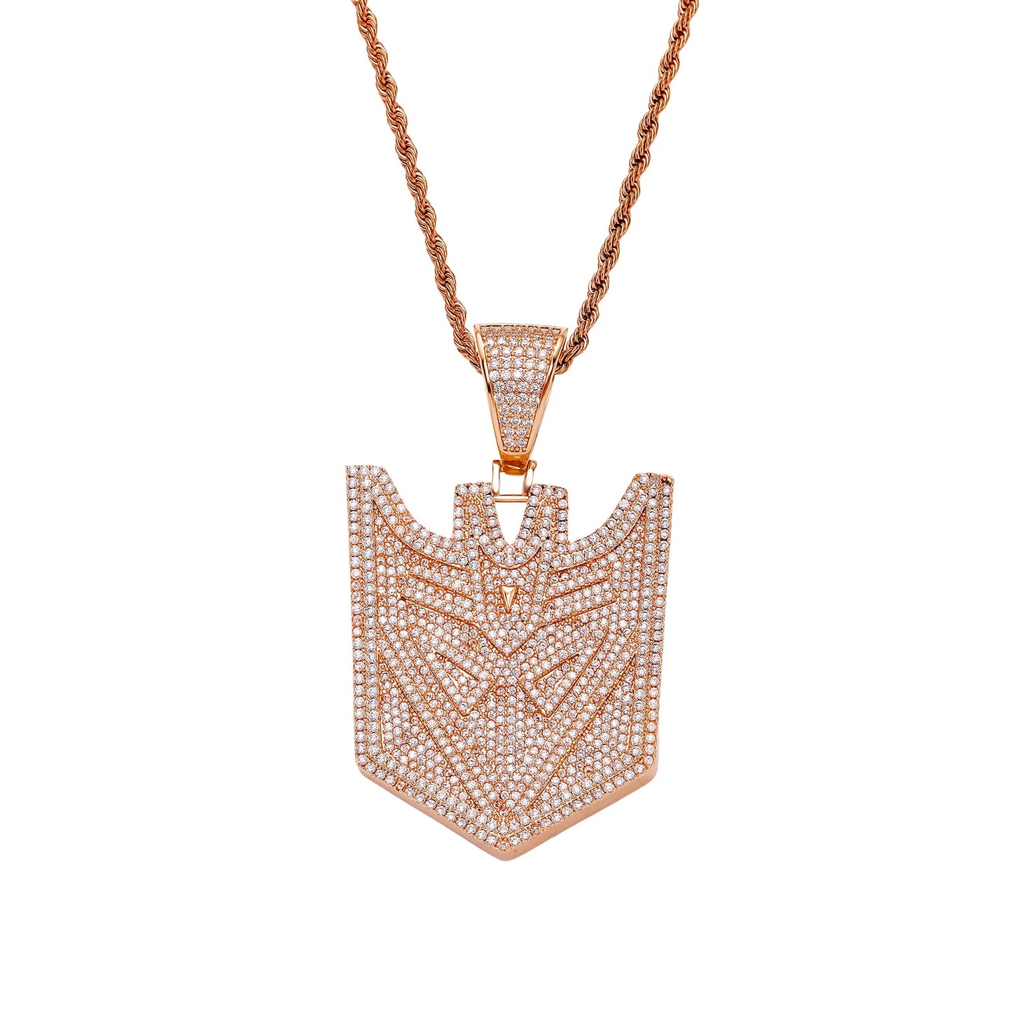 Iced Out Transformers Autobots Robot Shield Pendant Necklace Gold-Plated CZ Twist Chain