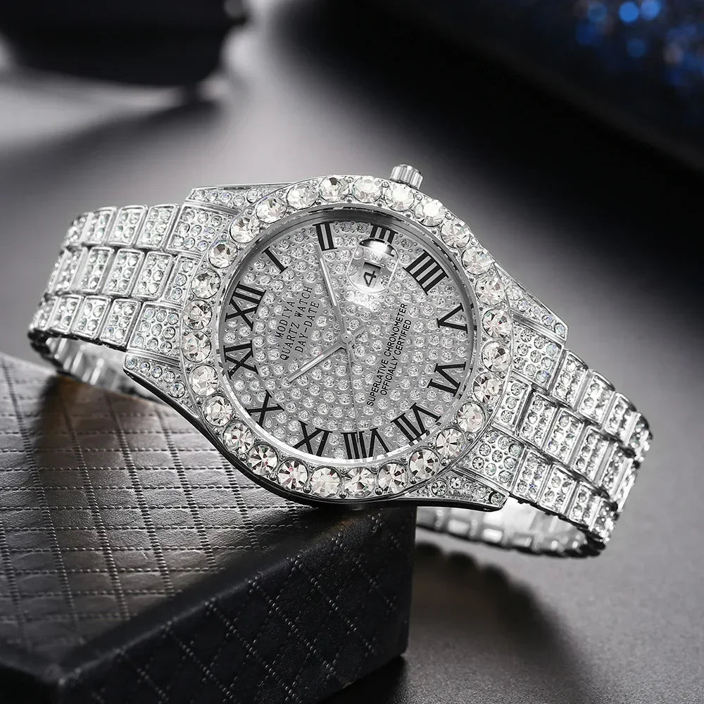 Diamond Bling Watch Men Gold Color Luxury Gift Quartz Watches Male Clock Rhinestone Calendar Wristwatch - DripVault