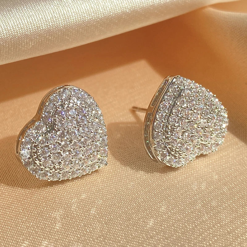 Loving Heart Zirconia Stud Earrings For Women Girls Silver Color Metal Crystal Ears Accessories Wedding Jewelry Gifts - DripVault