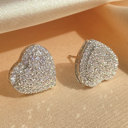 Loving Heart Zirconia Stud Earrings For Women Girls Silver Color Metal Crystal Ears Accessories Wedding Jewelry Gifts - DripVault
