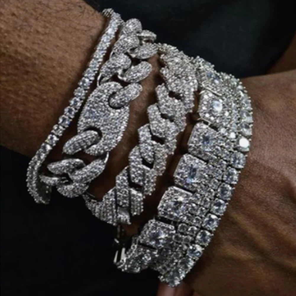 Hip Hop Iced Out Chain Women Men Cuban Bracelet High-Quality Full AAAA+ Rhinestones Miami Cuban Link Chain Bracelets Jewelry - DripVault