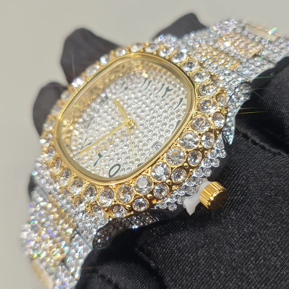 Luxury Brand Men Quartz Watch Fashion Square Hip Hop Big Pointer Diamond Out Sparkling Jewelry Waterproof Stainless Steel Wristwatch Man New - DripVault